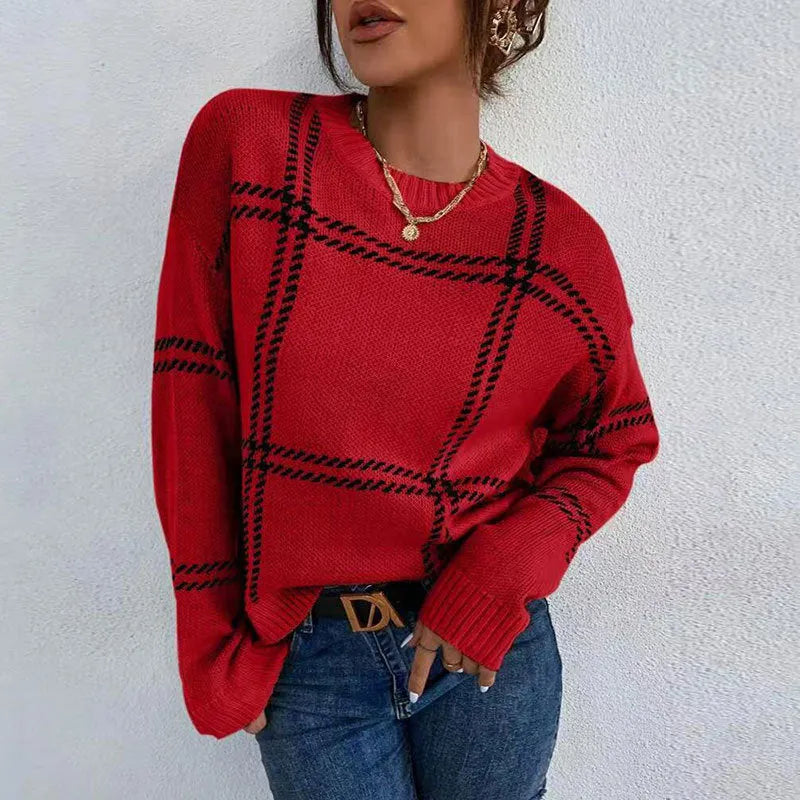 Women's loose plaid colour-block acrylic sweater in apricot, black, beige, red, and green stripes