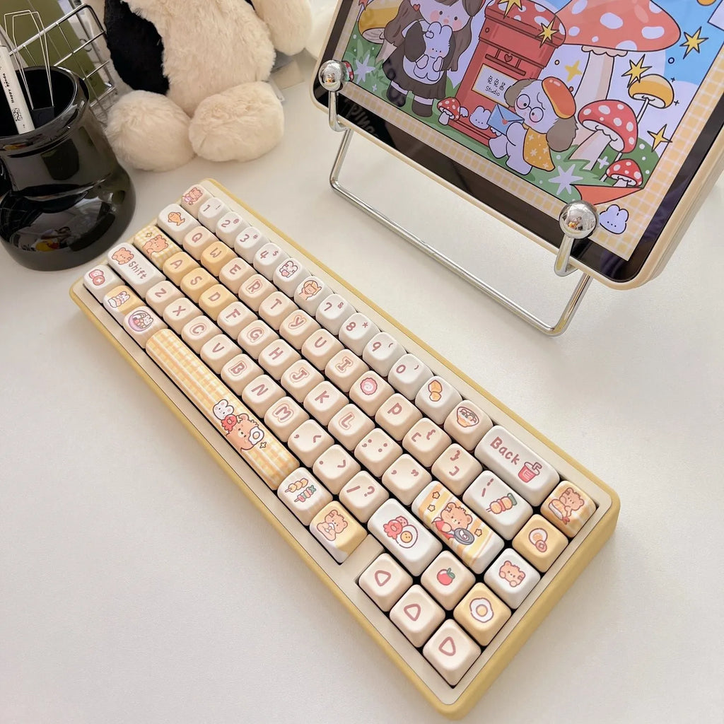 Rabbit Bear Restaurant themed mechanical keyboard keycaps with EOA height profile in PBT plastic, 140-piece set