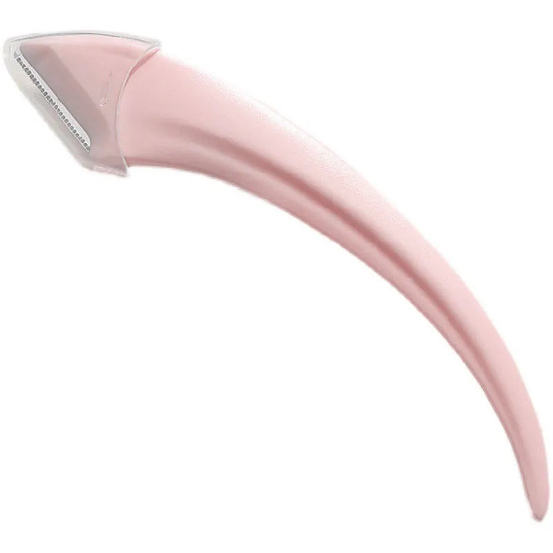 Close-up of a white and pink eyebrow trimming knife with a small curved plastic comb on a plain background.