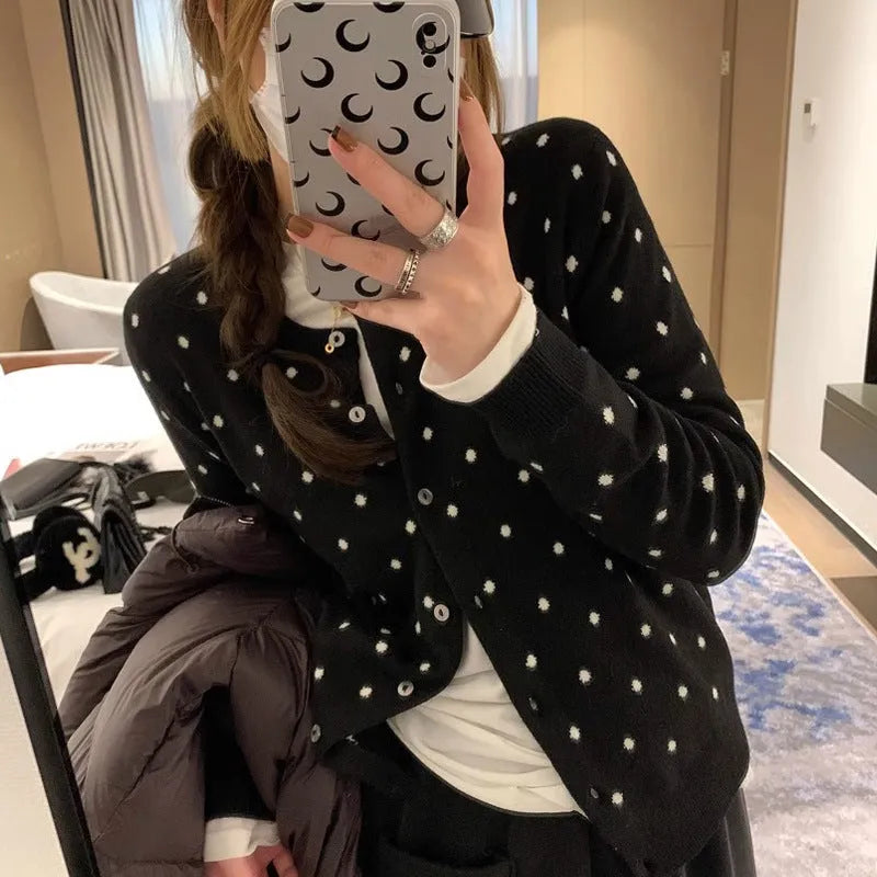 Women's grey dot knit viscose cardigan with crocheted flower details and long sleeves
