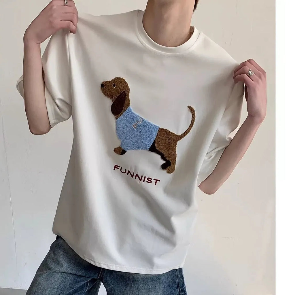 Grey men's t-shirt with embroidered sausage dog in a towel design on the front.