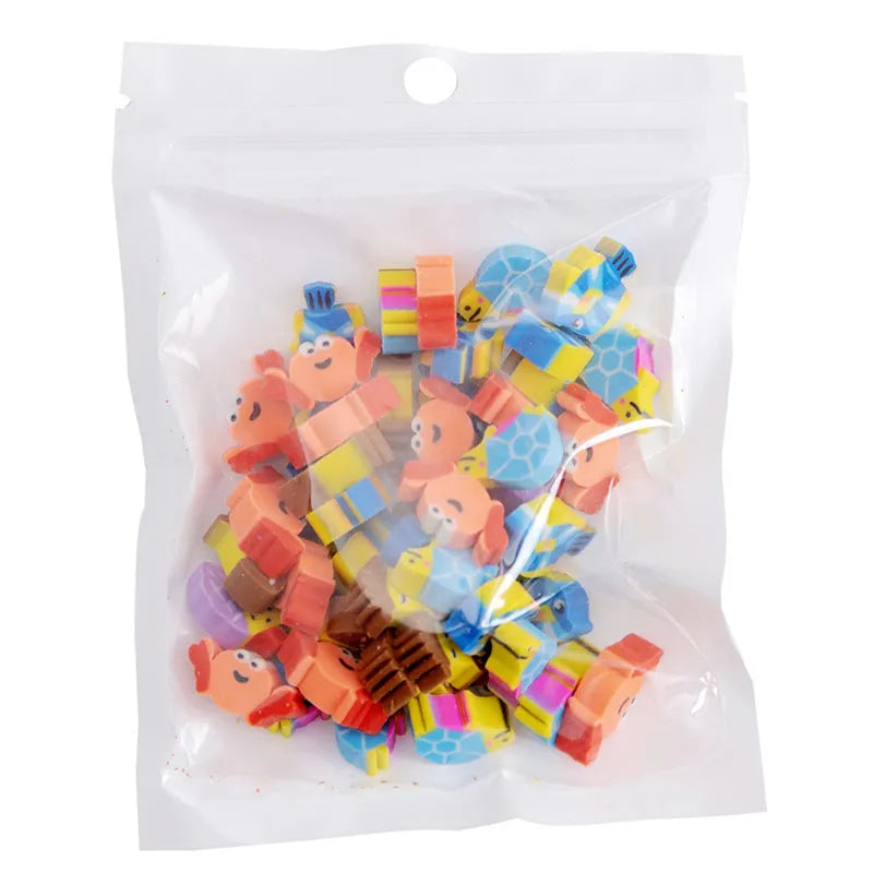 50 colourful cartoon mini erasers in shapes of fruits, animals, and cakes, displayed next to a pearlescent film bag.