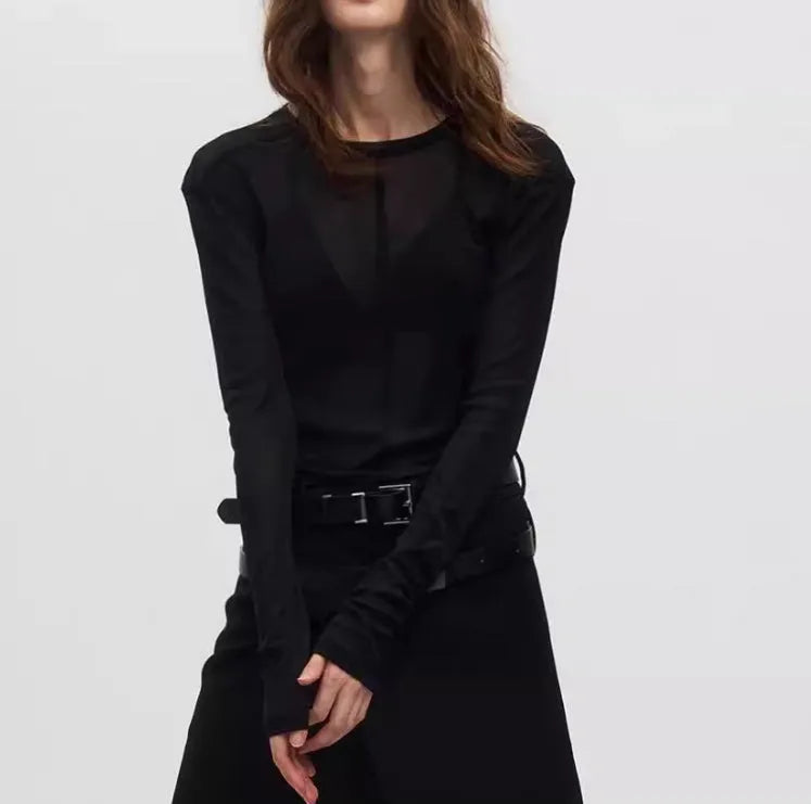 Black mesh see-through slim-fit long sleeve women's pullover top on a hanger.