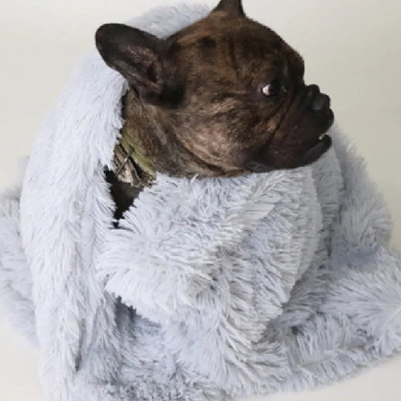 Long plush pet blanket in wool polyester blend showing dark grey, light grey and white colour options with size comparison