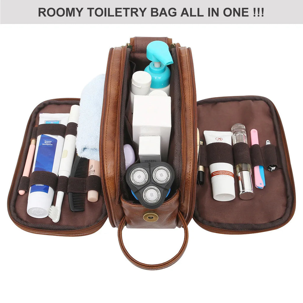 Black and brown men's PU leather toiletry bag with zip closure.