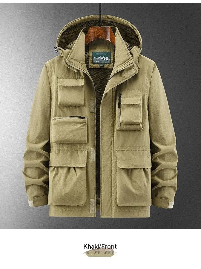 Outdoor shell jacket overalls jacket in khaki with patch pockets, nylon blend, Japanese-style cut
