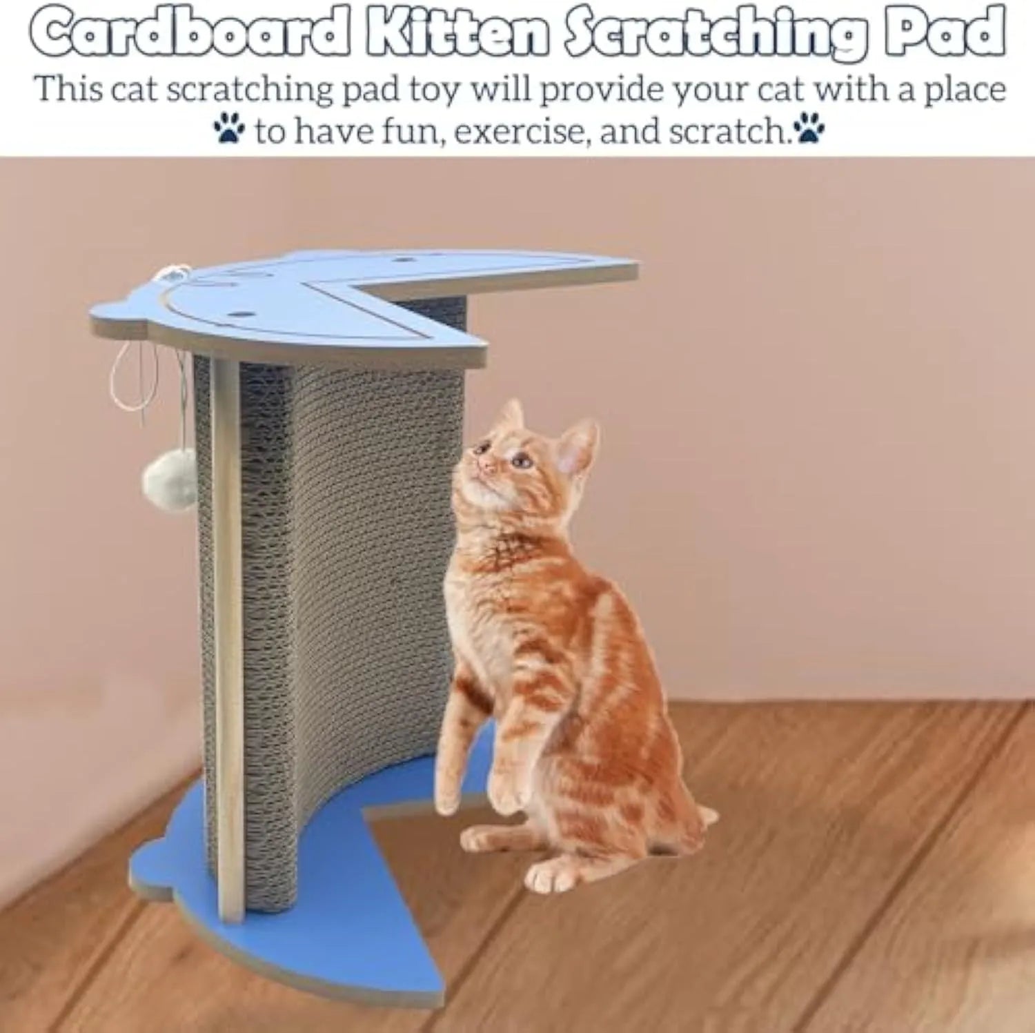 Grey cardboard corner cat scratcher with hanging ball mounted in a room corner.