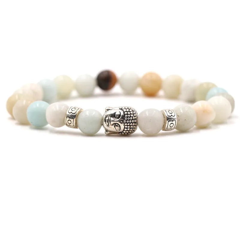 Natural stone stretch bracelet with tigereye, volcanic rock and turquoise beads on wrist