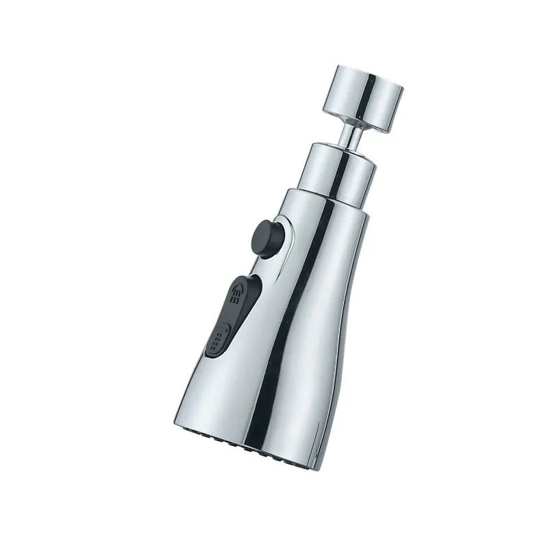 Silver universal pressurised kitchen faucet sprayer with rotating head and three-mode selector
