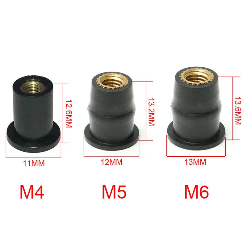 Motorcycle brass nut rubber well nut fasteners in black with M4 M5 M6 thread sizes
