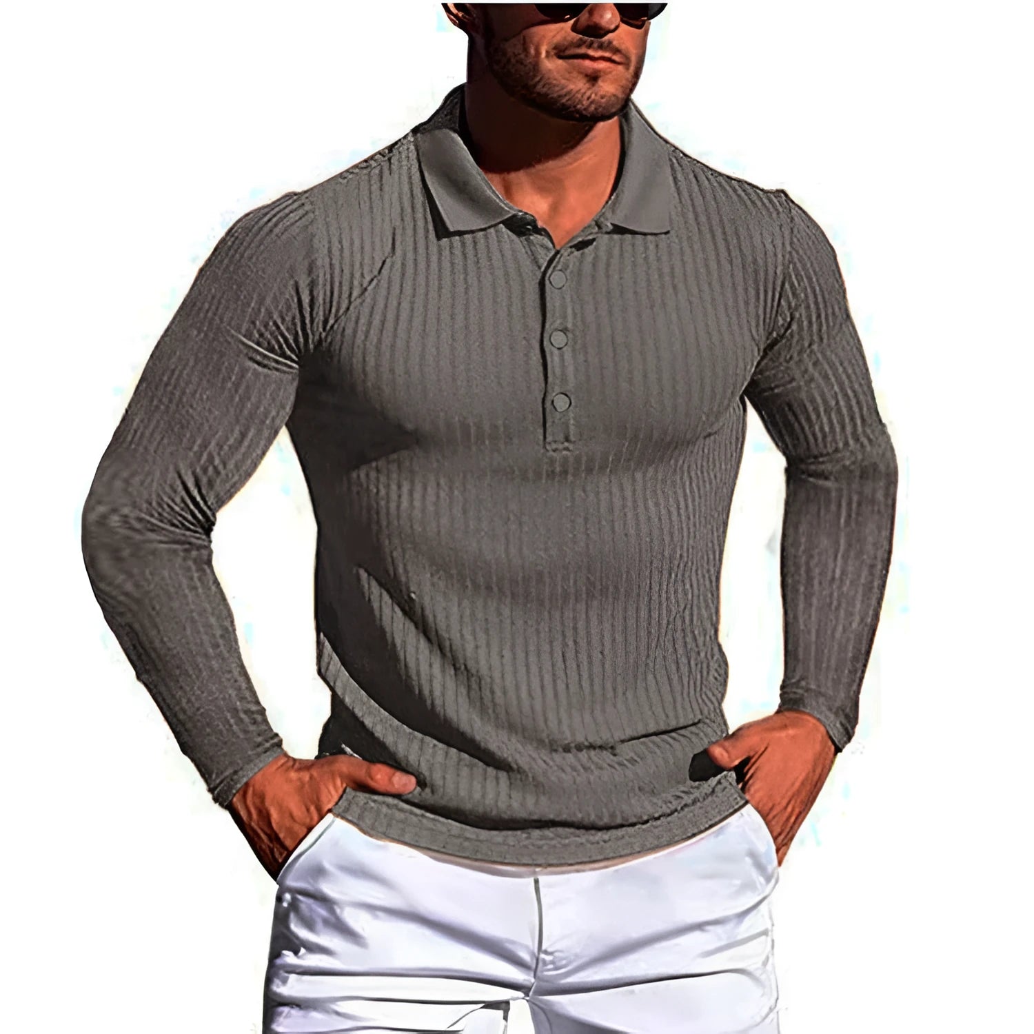 Man wearing a striped loose-fit short sleeve polo shirt in army green colour