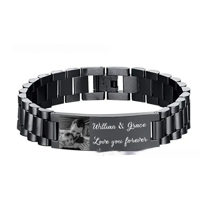 Titanium steel men's bracelet with curved heart shape and electroplated lettering in gift box