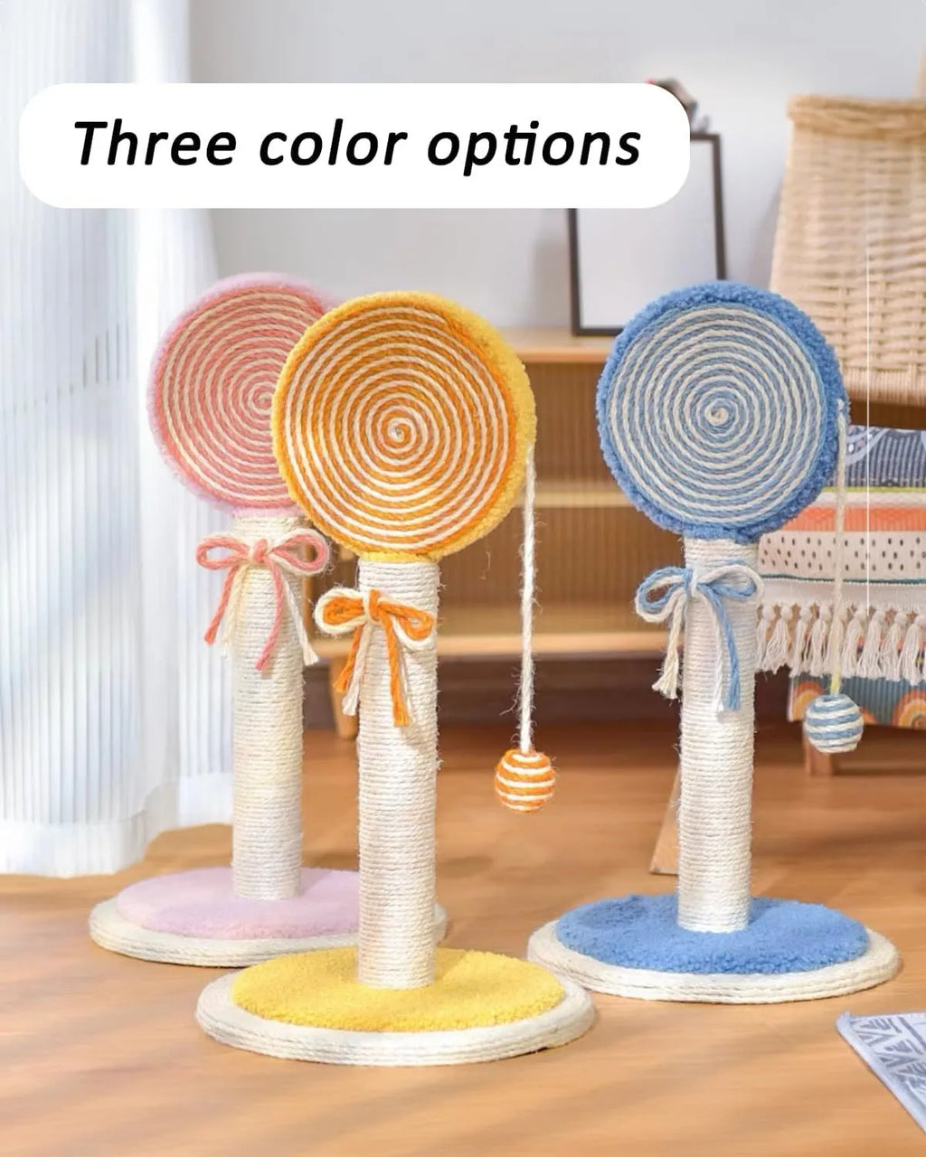 Blue cat scratching post with hanging ball on sturdy wooden base