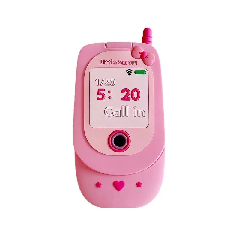 Pink silicone flip phone shaped iPhone case with built-in mirror for models 11 to 15