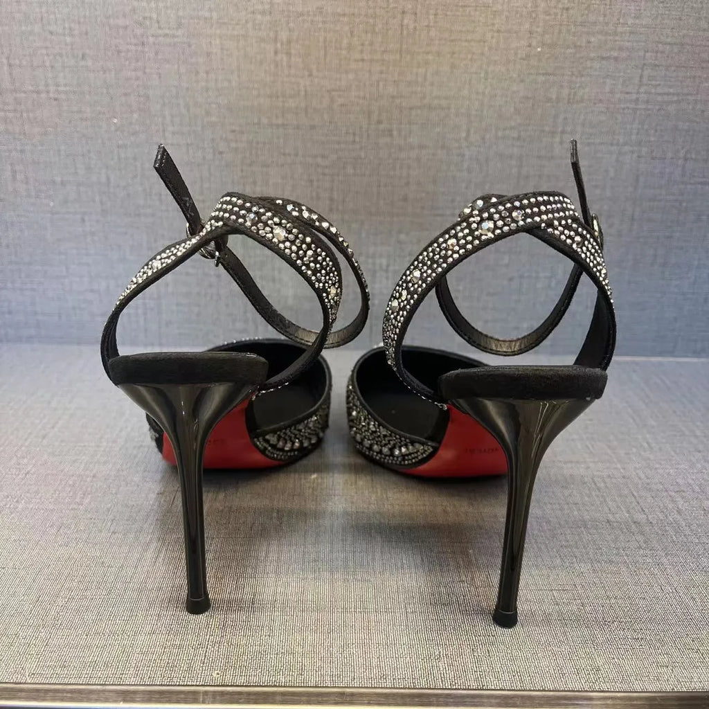 Women's silver and black stiletto heels with red sole and hollow design, pointed toe formal shoes
