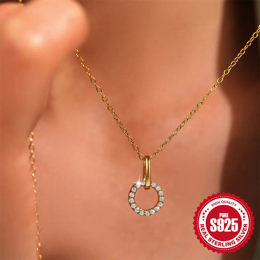 S925 sterling silver clavicle chain necklace with micro-inlaid zircon detailing in gold colour