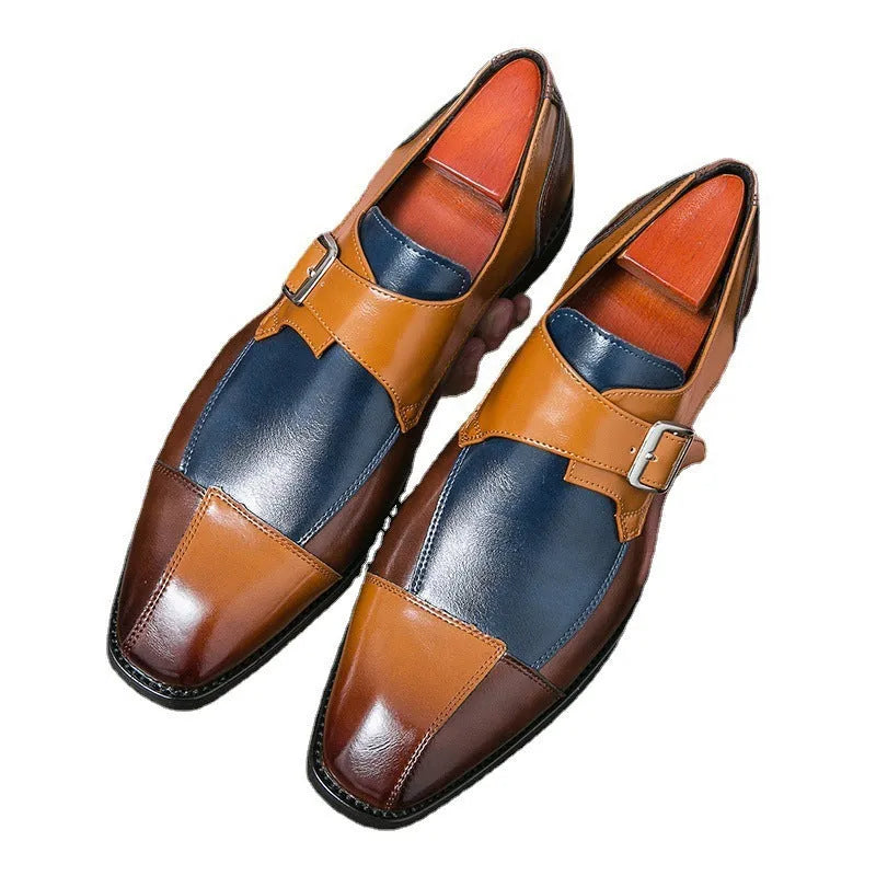 Men's tall crown leather shoes with retro buckle in brown blue and black colours