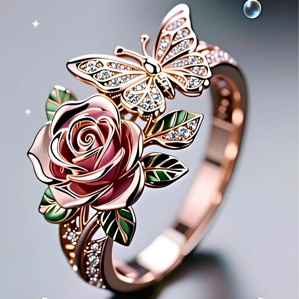 Adjustable butterfly personality ring with colourful oil drip effect and rose flower detailing