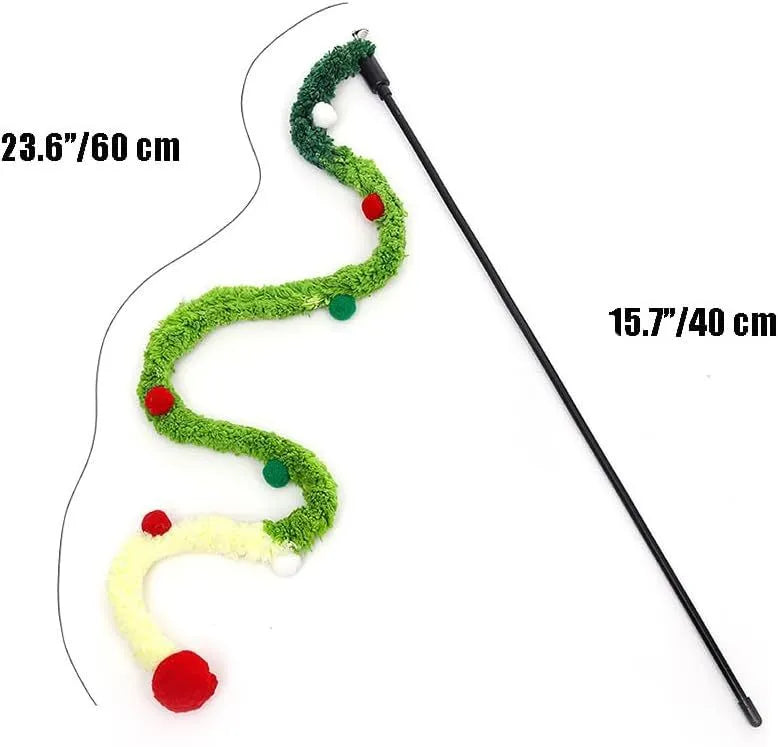 Blue interactive cat wand toy with a long plush strip, fluffy ball, and bells on a 41cm pole.