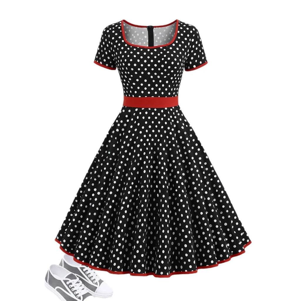 Multicolour polka dot dress with square collar, short sleeves, zip fastening, and pleated midi skirt