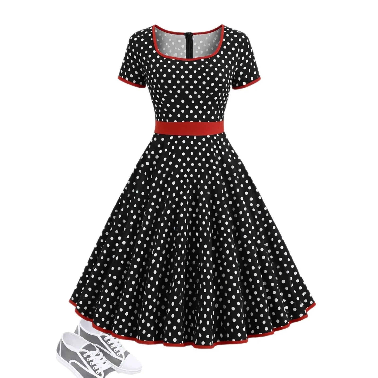 Multicolour polka dot dress with square collar, short sleeves, zip fastening, and pleated midi skirt