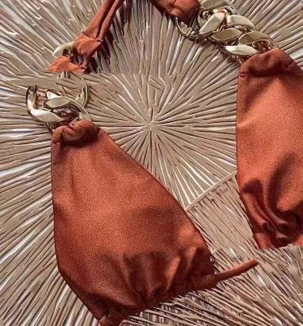Brown tube-top push-up bikini swimsuit with adjustable ring tether and split design