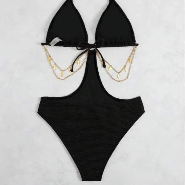 Women's black bikini swimsuit with chain detail on polyester fabric
