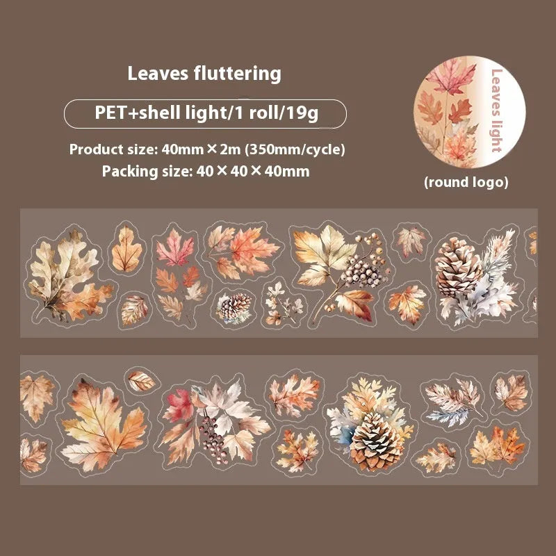 Six rolls of nature-themed decorative stickers showing gentle ginkgo, maple leaf, and blue fallen leaves designs.