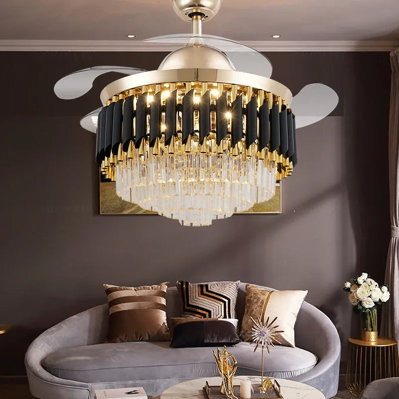 Crystal chandelier style ceiling fan light with LED bulbs and remote control in silver finish.