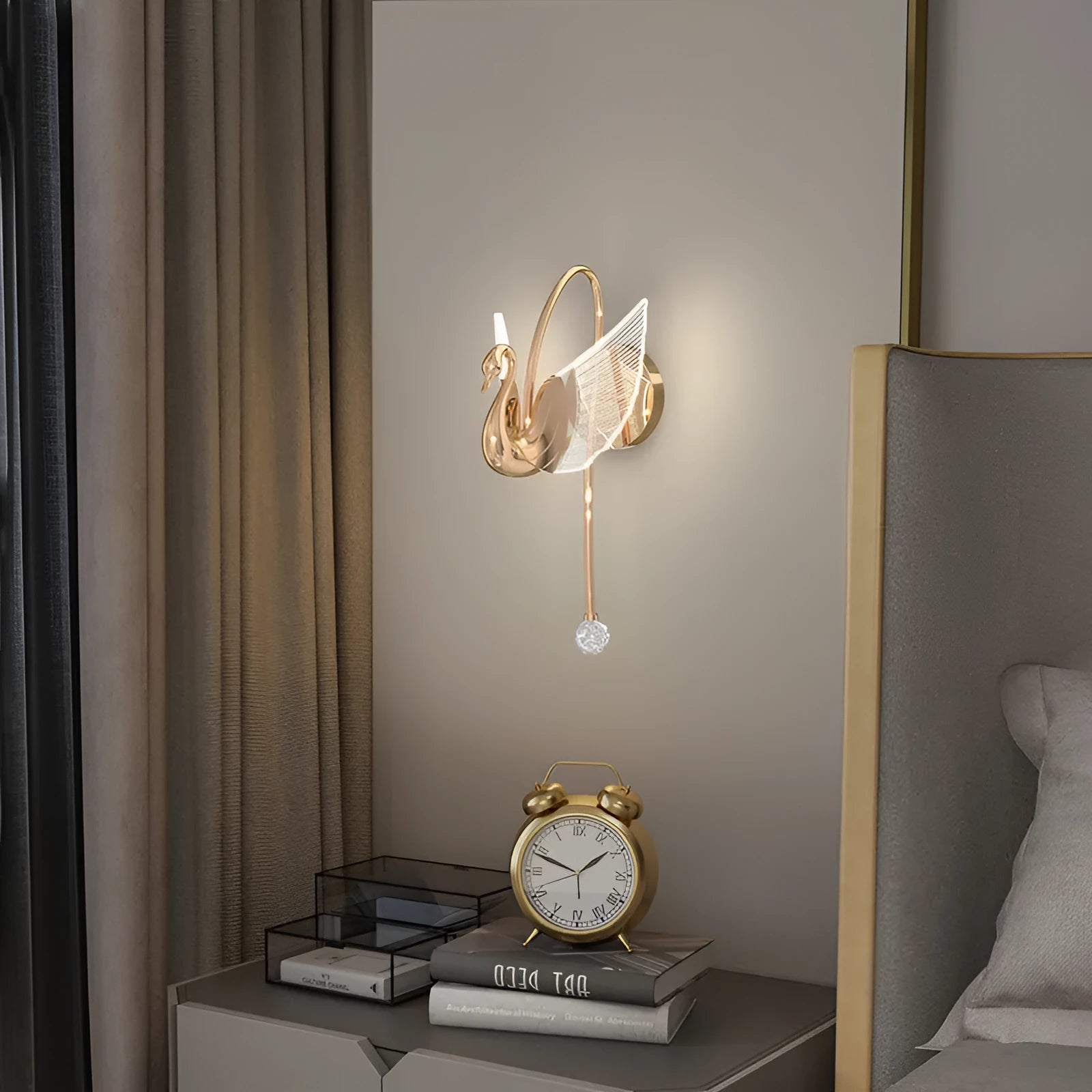 Gold minimalist swan wall lamp with iron construction and acrylic shade for bedside lighting