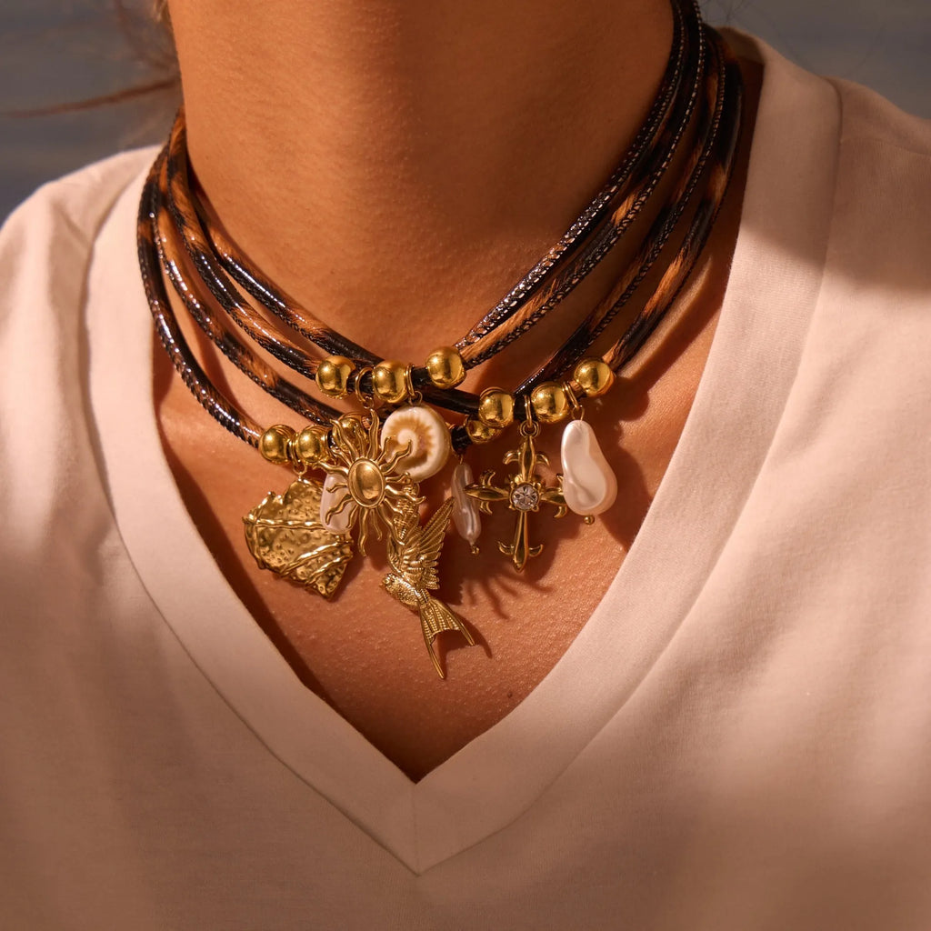 Women's leopard print geometric stainless steel necklace with 18K gold plating on adjustable chain