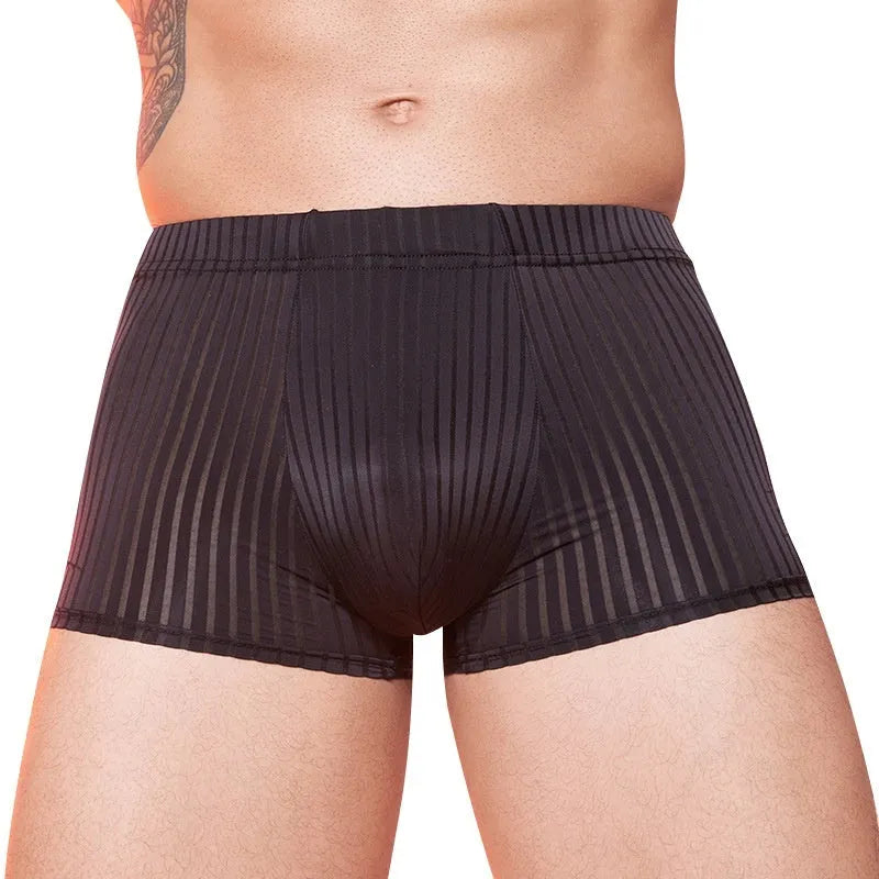 Men's striped transparent nylon underwear in black, white, and dark grey colours