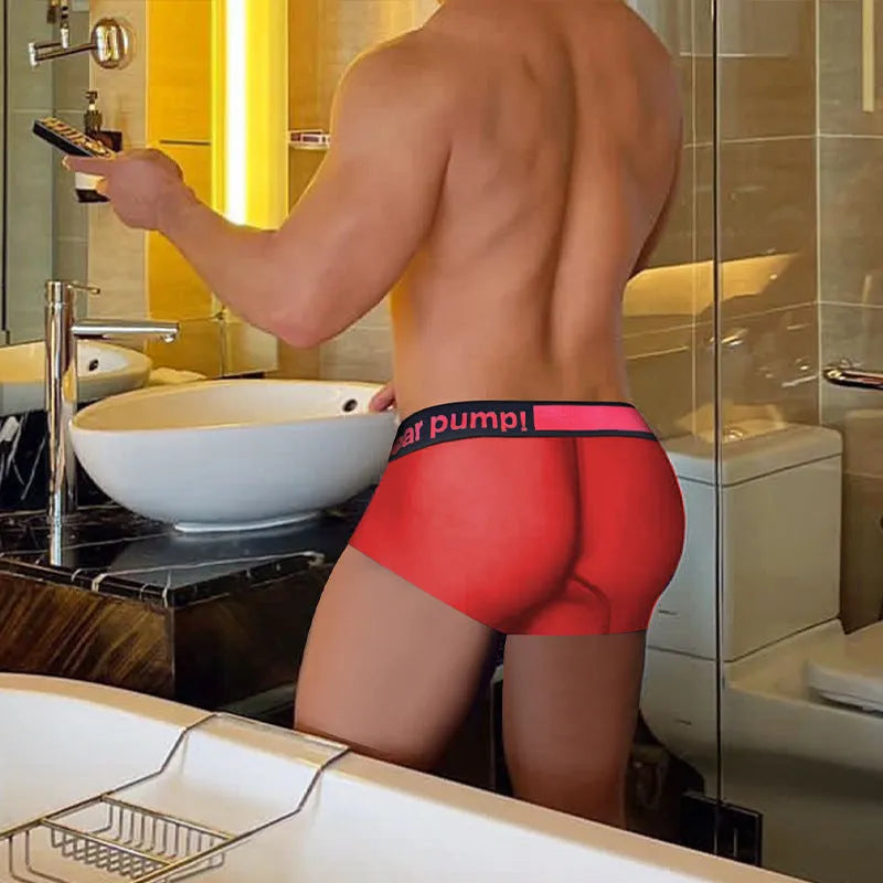 Men's low-waist modal nylon underwear with gradient laser pattern in black, red, and white colours