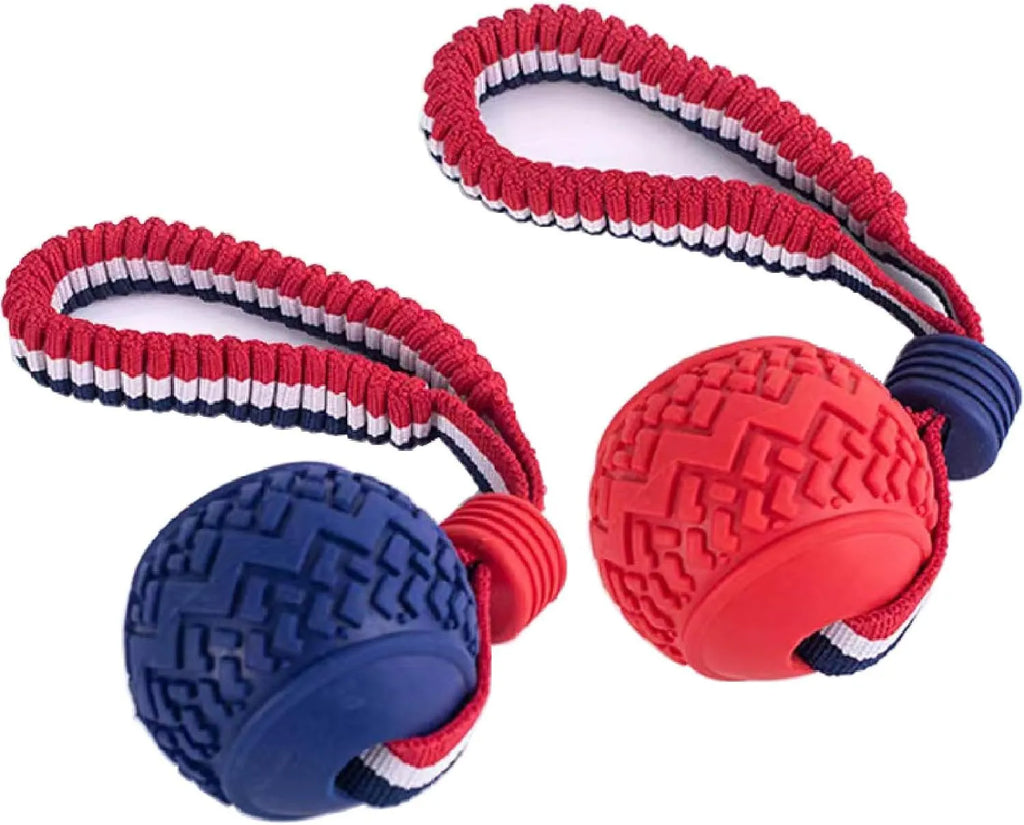 Blue dog ball with rope toy for small dogs on a white background.