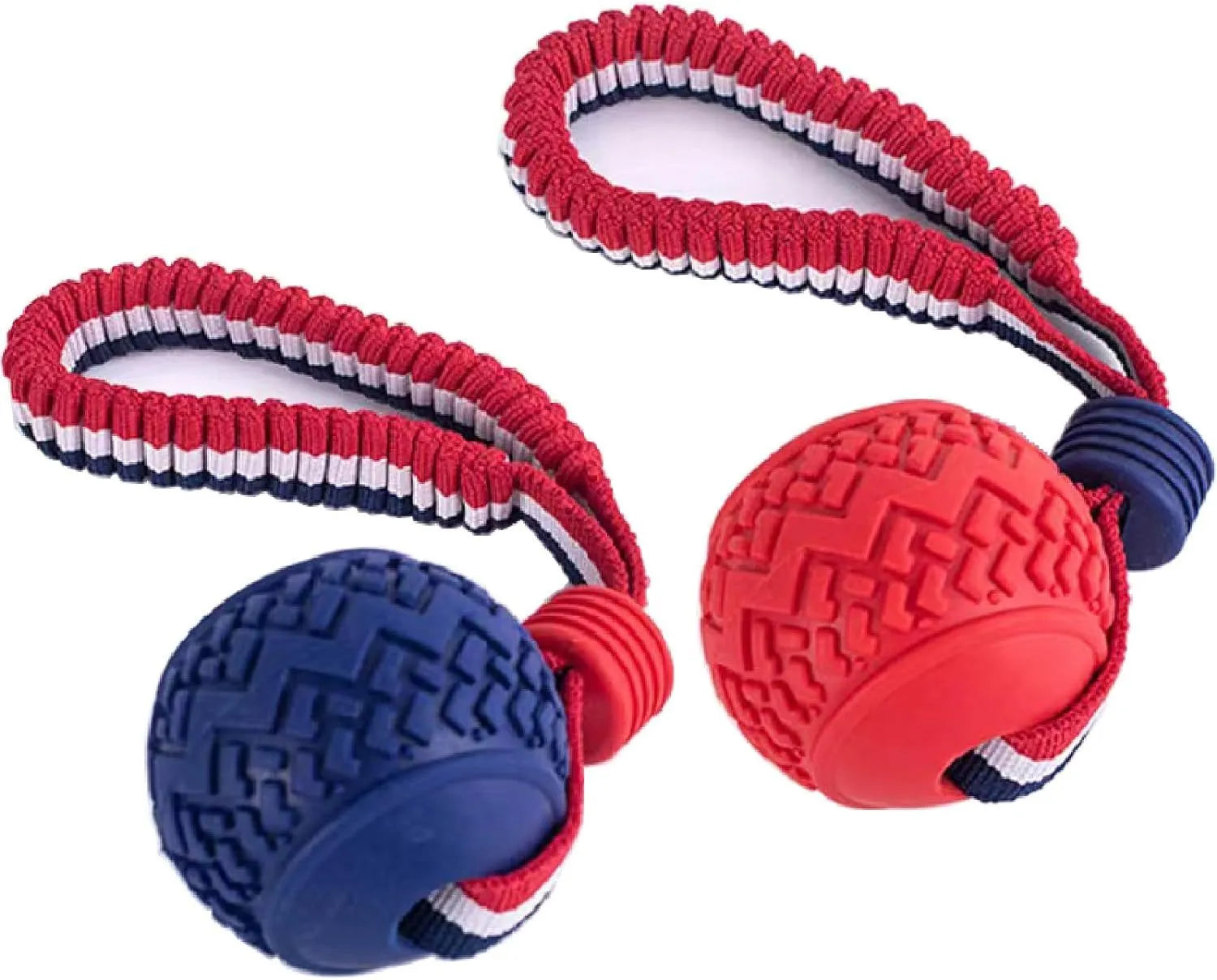 Blue dog ball with rope toy for small dogs on a white background.