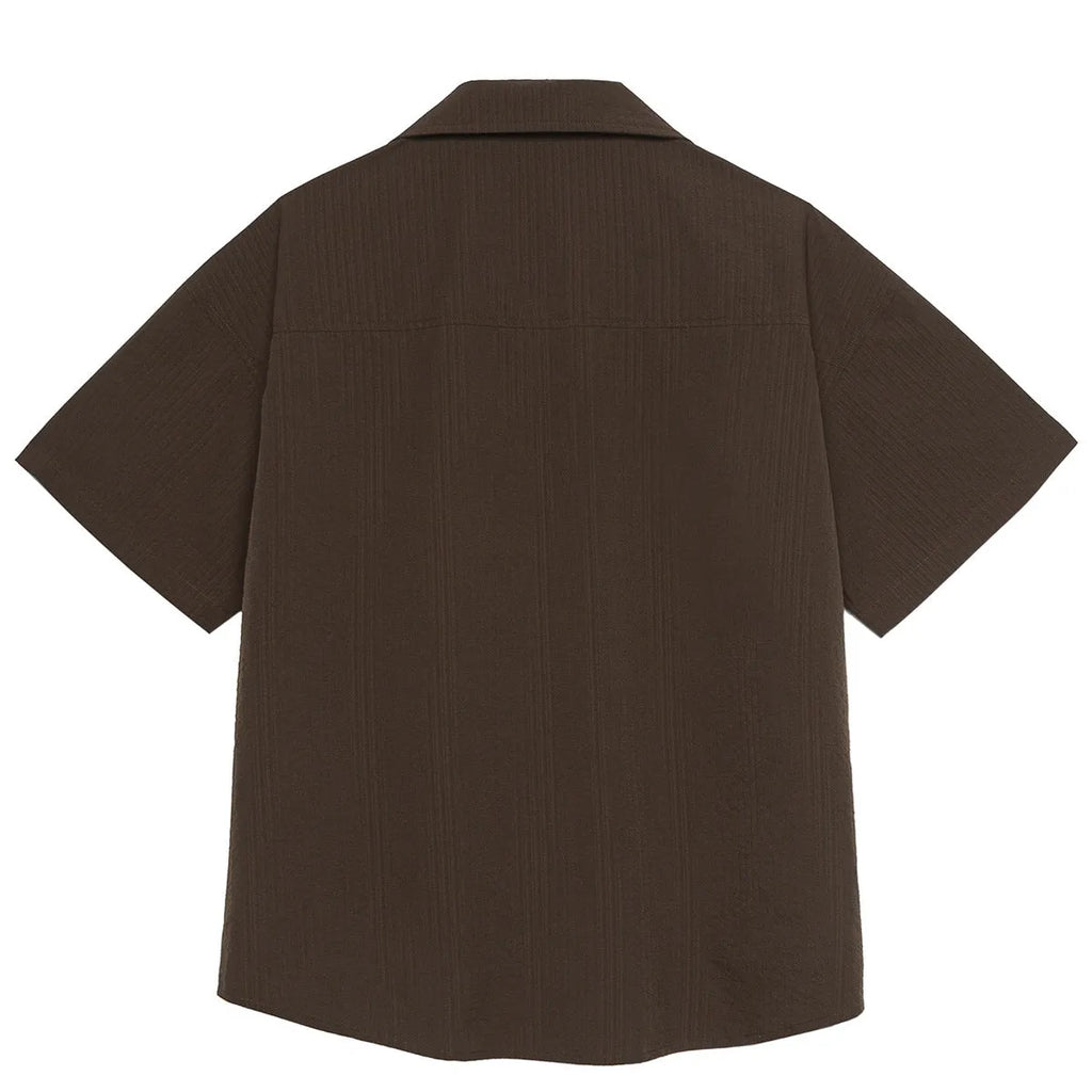 Brown striped outdoor waterproof shirt with Cuban collar, short sleeves, and cardigan style for mountain camping