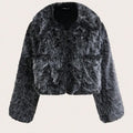Women's short black artificial fur coat with a full fur collar and long sleeves.
