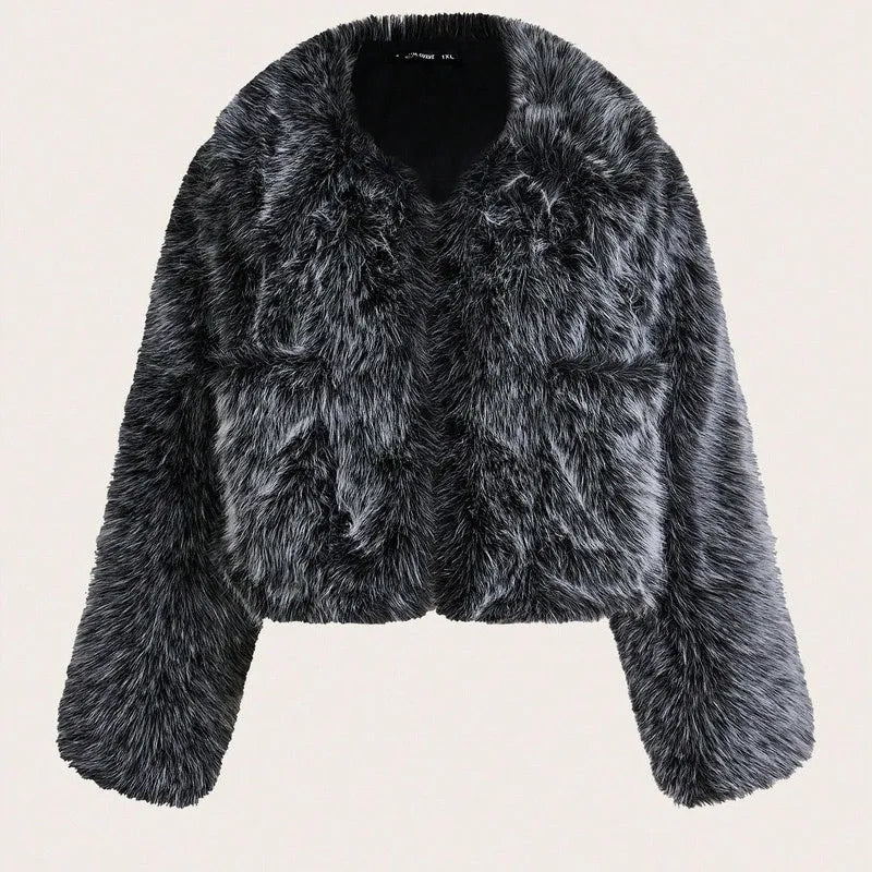 Women's short black artificial fur coat with a full fur collar and long sleeves.