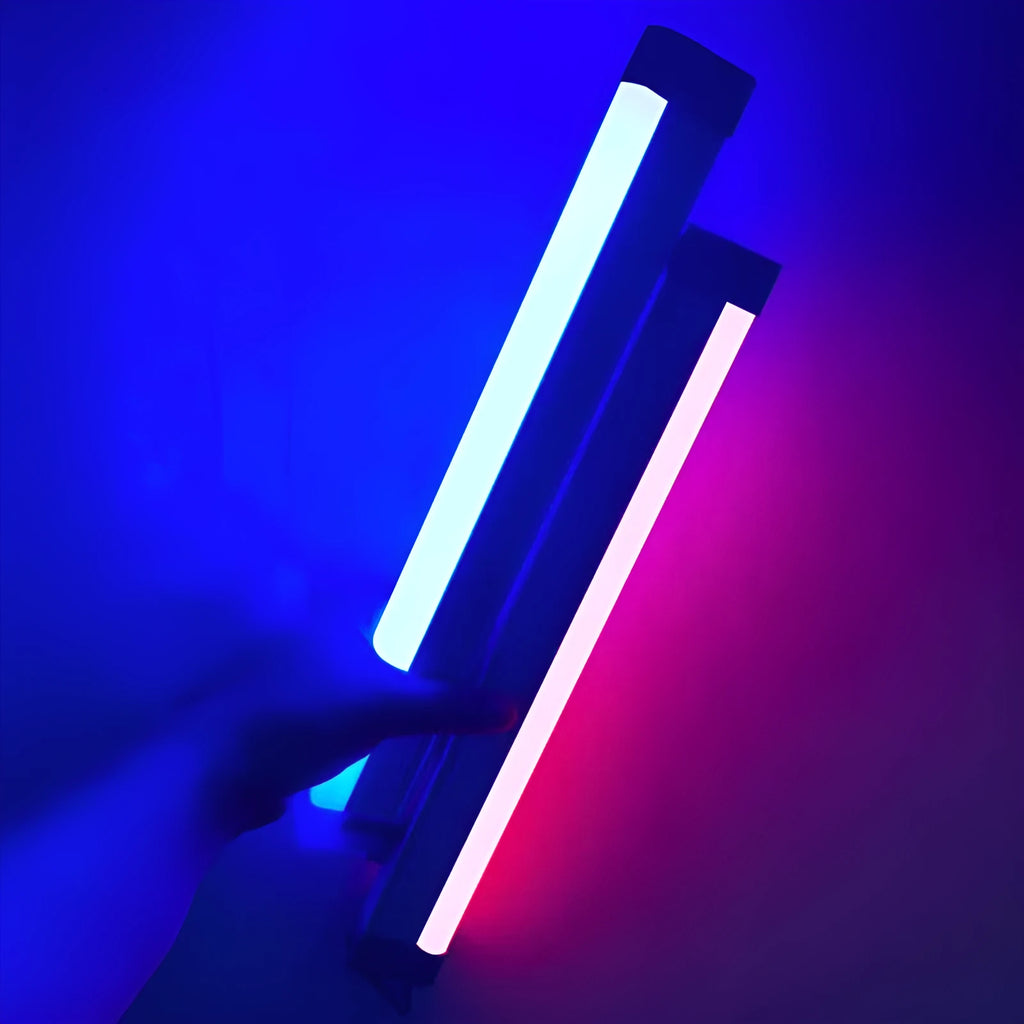 Blue and purple rechargeable dimmable LED tube stick light in 32cm length on a dark surface.