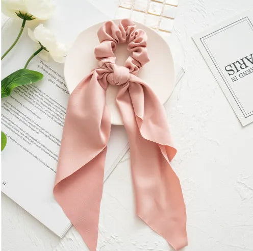 Long cloth ribbon hair tie with large intestine ring design in spring dark green colour