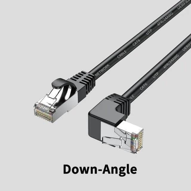 Right-angle Cat6 Ethernet cable with RJ45 connector in various colour options