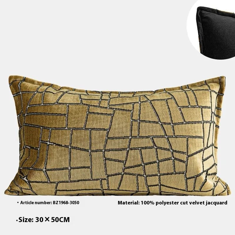 Gold geometric abstract pattern on square and rectangular polyester cushion covers.
