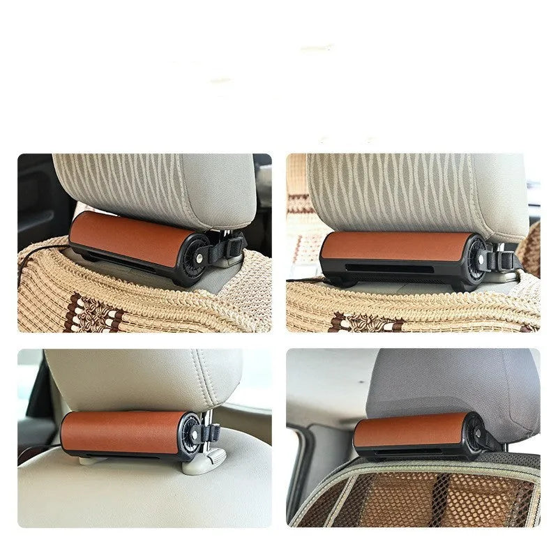 Black bladeless car fan with USB cable showing compact design for dashboard mounting