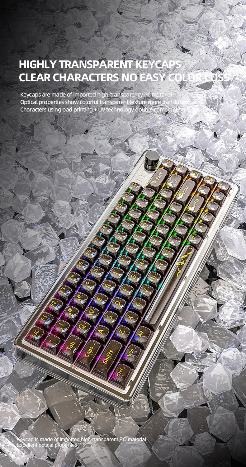 Attack Shark K75 wireless mechanical keyboard with transparent PC case and RGB backlighting.