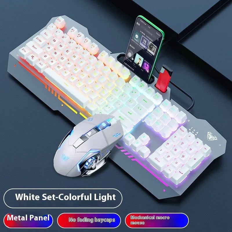 Metal mechanical keyboard bundle with gaming mouse, headset, and optional mouse pad on a desk.