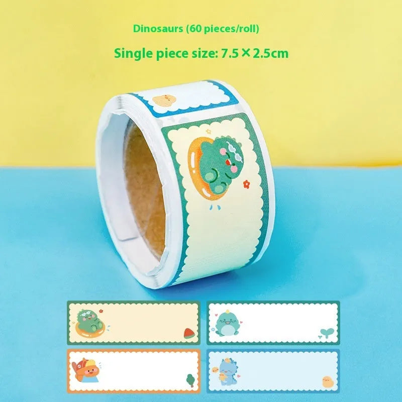 Roll of colourful cartoon name tape stickers for student organisation in dinosaur, astronaut, rabbit, or girl designs