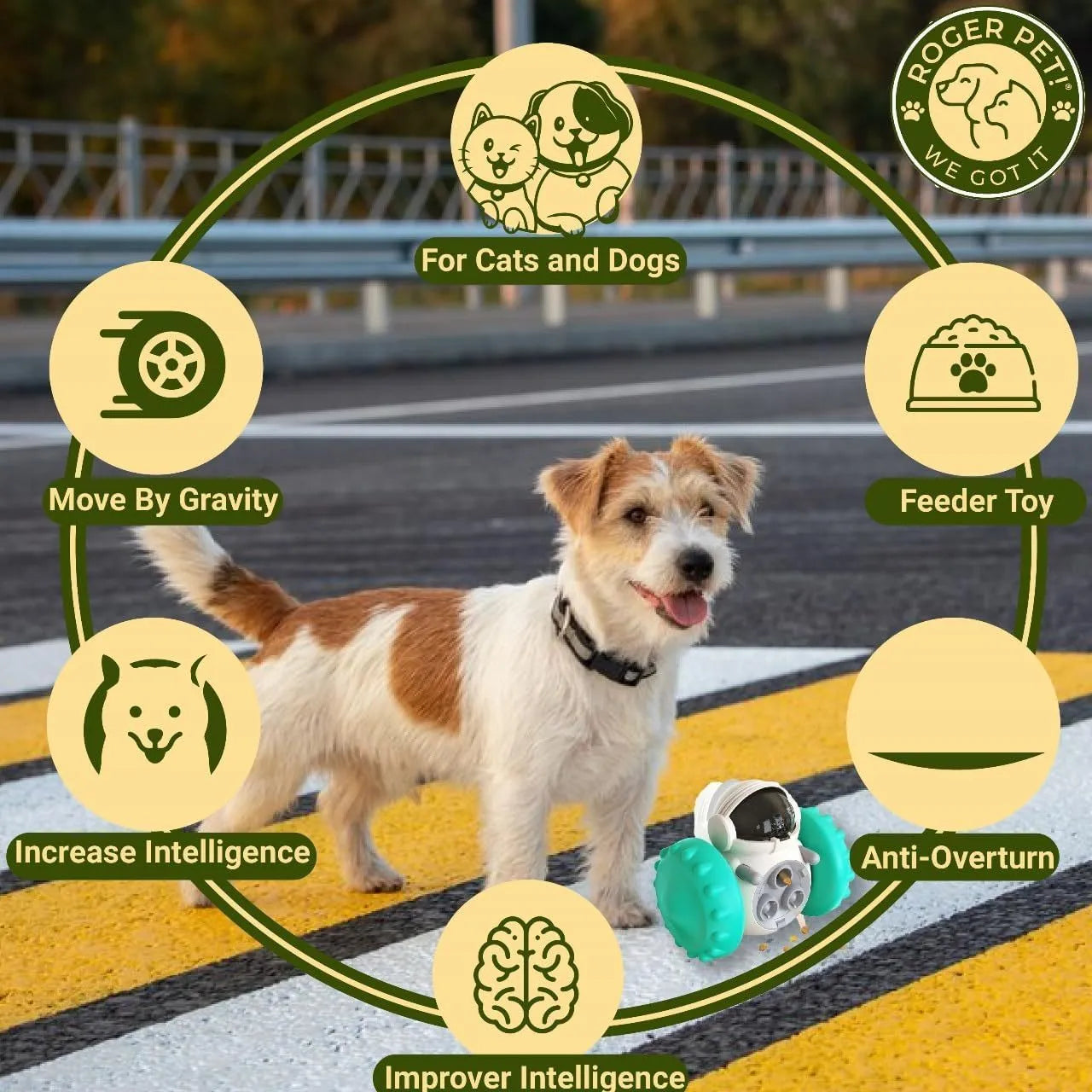 Robot-design self-balancing dog treat dispenser toy for small pets in multiple colour options