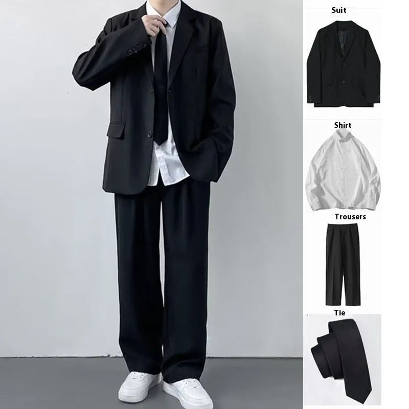 Plus size men's college style suit set with trousers, white shirt, and tie included