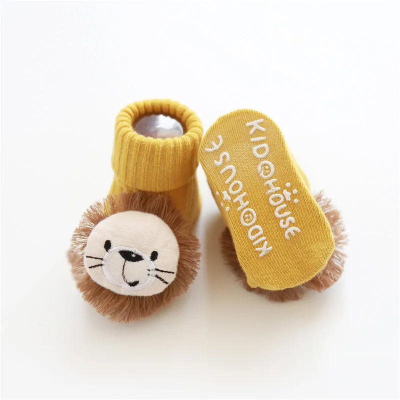 Cotton baby floor socks in various patterns including animal prints, stars, and bows for infants aged 0-3 months
