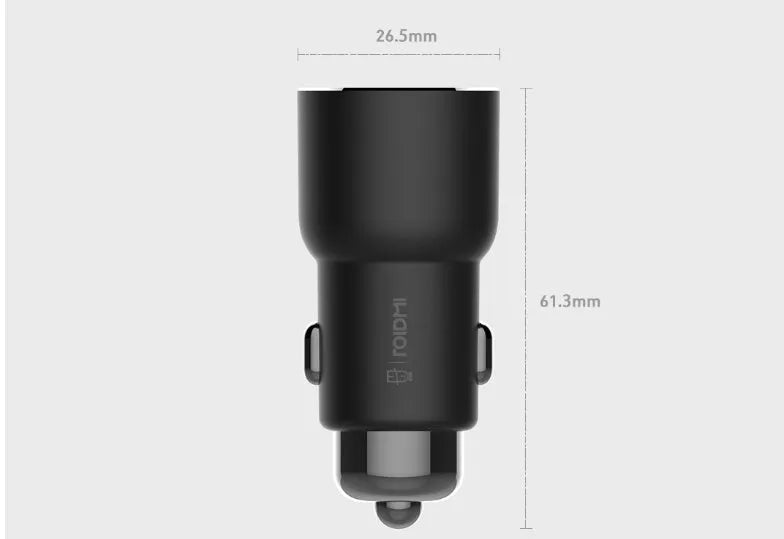 Black Ruimi 3S Bluetooth car charger showing dual USB ports and compact 26.5mm square design